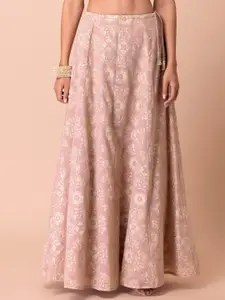 INDYA X ASHISH SONI Women Pink Floral Foil Printed Maxi Flared Lehenga Skirt