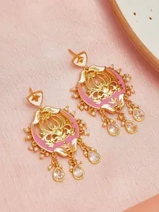 Voylla Gold Toned & Pink Contemporary Drop Earrings
