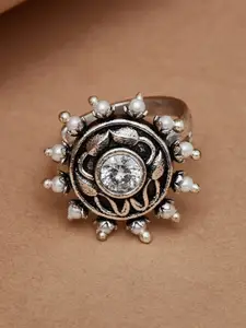 Voylla Oxidized Silver-Plated White Stone Studded & Beaded Adjustable Finger Ring