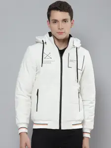 Fort Collins Men Off-White Typography Printed Detachable Hood Bomber Jacket