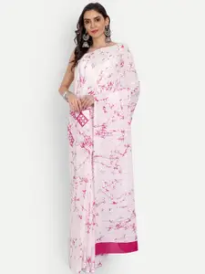 BUTA BUTI Women White & Pink Abstract Print Pure Cotton Ready to Wear Saree