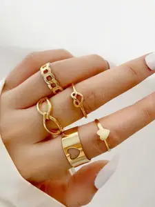Jewels Galaxy Set of 5 Gold-Plated Heart Inspired Adjustable Finger Rings