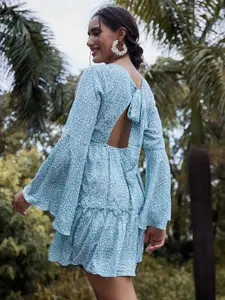 Athena Women Green Printed Crepe Bell Sleeves A-Line Mini Dress