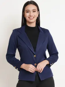 Purple State Women Blue Solid Slim Fit Single Breasted Blazers