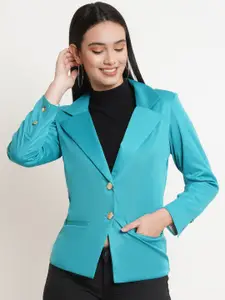 Purple State Women Light Blue Solid Single-Breasted Slim-Fit Casual Blazer