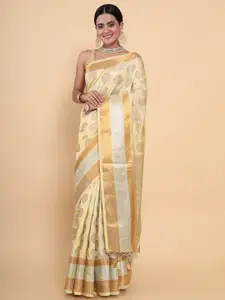 MIMOSA Cream-Coloured & Gold-Toned Floral Zari Art Silk Kasavu Saree