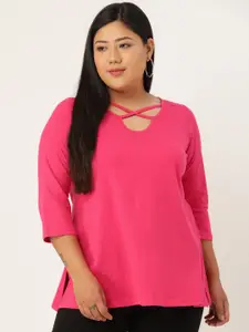 theRebelinme Plus Size Fuchsia Solid Cut Out Pure Cotton Regular Top