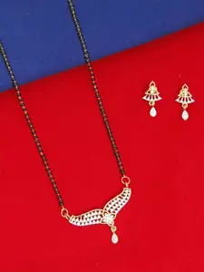 FEMMIBELLA  Gold Plated Floral Pendant Beaded Chain Mangalsutra with Earrings