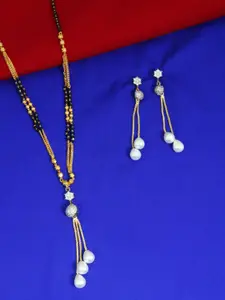 FEMMIBELLA Gold-Plated & Black Beaded & Mangalsutra with Earrings