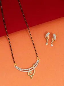 FEMMIBELLA Gold-Plated Black & White Stone-Studded & Beaded Mangalsutra With Earrings