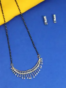 FEMMIBELLA Gold-Plated Black & White Stone-Studded & Beaded Mangalsutra With Earrings