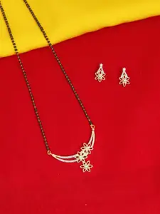 FEMMIBELLA GGold-Plated Floral American Diamond Studded Mangalsutra with Earrings