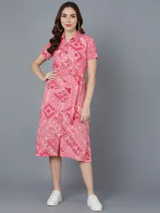 AHIKA Pink Geometric Printed Shirt Style Midi Dress Comes With a Belt