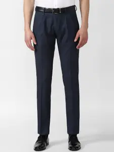 Van Heusen Men Navy Blue Slim Fit Mid-Rise Pleated Trousers