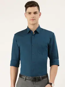 Peter England Men Teal Blue Solid Slim Fit Pure Cotton Formal Shirt