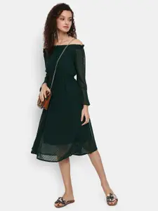 V-Mart Olive Green Solid Off-Shoulder Midi Dress