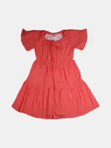 V-Mart Girls Coral Solid Round Neck Rayon Dress