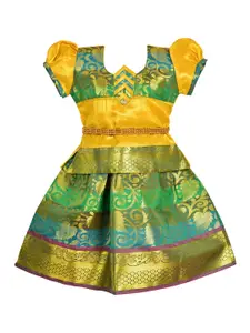 AMIRTHA FASHION Girls Green & Yellow Thread Work Ready to Wear Lehenga Choli