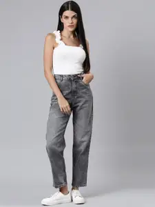 ZHEIA Women Grey Straight Fit High-Rise Heavy Fade Jeans