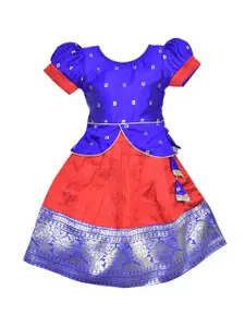 AMIRTHA FASHION Girls Blue & Red Embellished  Ready to Wear Lehenga  Choli