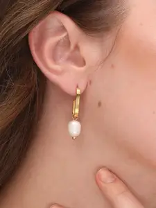 PALMONAS Gold-Toned & White Bold Pearl Dangle Drop Earrings