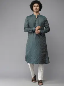 See Designs Men Teal Green & Golden Woven Design Pure Cotton Kurta with Pyjamas