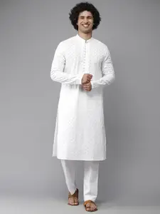 See Designs Men White Embroidered Chikankari Pure Cotton Kurta with Pyjamas