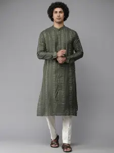 See Designs Men Olive Green & Golden Striped Pure Cotton Kurta with Pyjamas