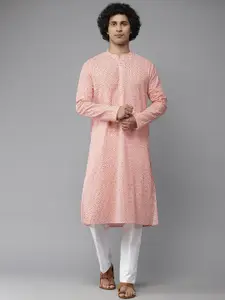 See Designs Men Peach-Coloured & Wwhite Printed Pure Cotton Kurta with Pyjamas
