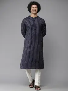 See Designs Men Navy Blue & Golden Striped Pure Cotton Kurta with Pyjamas
