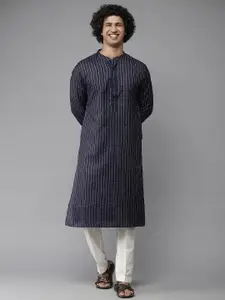 See Designs Men Navy Blue & Golden Striped Pure Cotton Kurta with Pyjamas