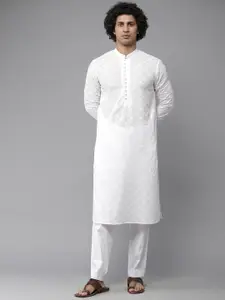 See Designs Men White Embroidered Chikankari Pure Cotton Kurta with Pyjamas