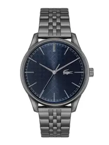 Lacoste Men Blue Brass Dial & Grey Stainless Steel Bracelet Style Straps Analogue Watch