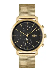Lacoste Men Black Brass Dial & Gold Toned Stainless Steel Bracelet Style Straps Analogue Multi Function Watch
