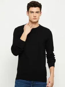 max Men Black Solid Full Sleeve Sweatshirt