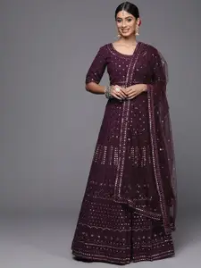 Inddus Burgundy Embroidered Thread Work Semi-Stitched Lehenga & Unstitched Blouse With Dupatta
