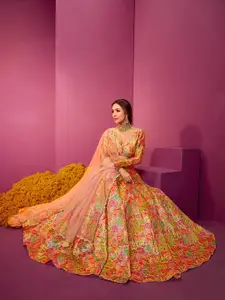 Inddus Multicoloured Embroidered Thread Work Semi-Stitched Lehenga & Unstitched Blouse With Dupatta