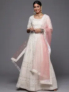 Inddus Off White Embroidered Semi-Stitched Lehenga & Unstitched Blouse With Dupatta