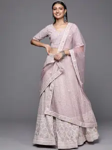 Inddus Lavender & White Embroidered Sequinned Semi-Stitched Lehenga & Unstitched Blouse With Dupatta
