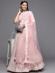 Inddus Pink Embroidered Sequinned Semi-Stitched Lehenga & Unstitched Blouse With Dupatta