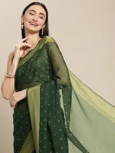 Mitera Green & Gold-Toned Floral Zari Pure Chiffon Saree