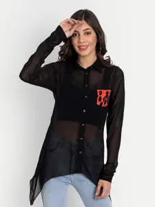 ESSQUE Black Georgette Shirt Style Longline Top