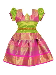 AMIRTHA FASHION Girls Pink & Green Zari Embellished Ready to Wear Skirt & Top