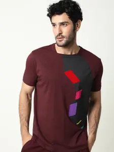 RARE RABBIT Men Maroon Colourblocked Slim Fit T-shirt