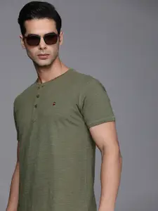 Louis Philippe Jeans Men Olive Green Solid Henley Neck Pure Cotton Slim Fit T-shirt