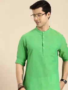 Anouk Men Green Solid Mandarin-Collar Pure Cotton A-Line Kurta