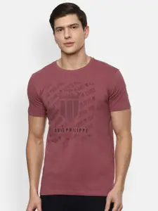 Louis Philippe Jeans Men Purple Typography Printed Slim Fit T-shirt