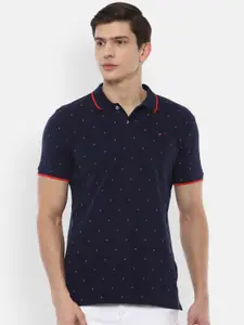 Louis Philippe Jeans Men Navy Blue Printed Polo Collar Slim Fit T-shirt