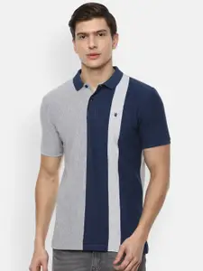Louis Philippe Sport Men Navy Blue Striped Polo Collar Slim Fit T-shirt