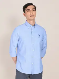 U.S. Polo Assn. U S Polo Assn Men Light Blue Embroidered Tailored Fit Pure Cotton Casual Shirt